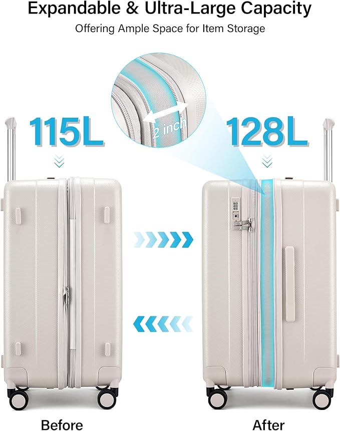 Hanke 29 Inch Plus Expandable Luggage Large Suitcases with Wheels,Checked Luggage Hard Shell Suitcases, PC Trunk Luggage Extra Large Suitcase with Lock for Women Men(Ivory White)