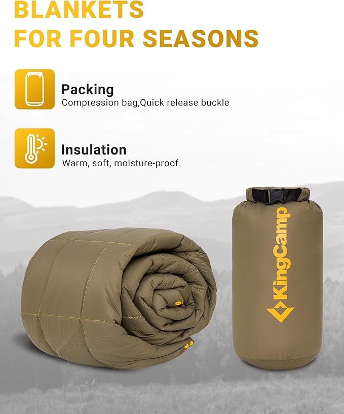KingCamp Ultralight Camping Blanket, Packable Down Alternative Puffy Wearable Blankets Weatherproof Warm Package Quilt with Snap Buttons for Outdoor Hiking Travel Picnic Stadium (69" L x 53", Olive)