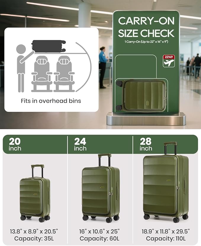 Joyway Luggage Set 5 Piece Top Opening Suitcase Set with Spinner Wheel and TSA Lock, PC Hard Shell Carry on Luggage with Front Pocket, Suitcase with Backpack and Foldable Storage Bag (Green)