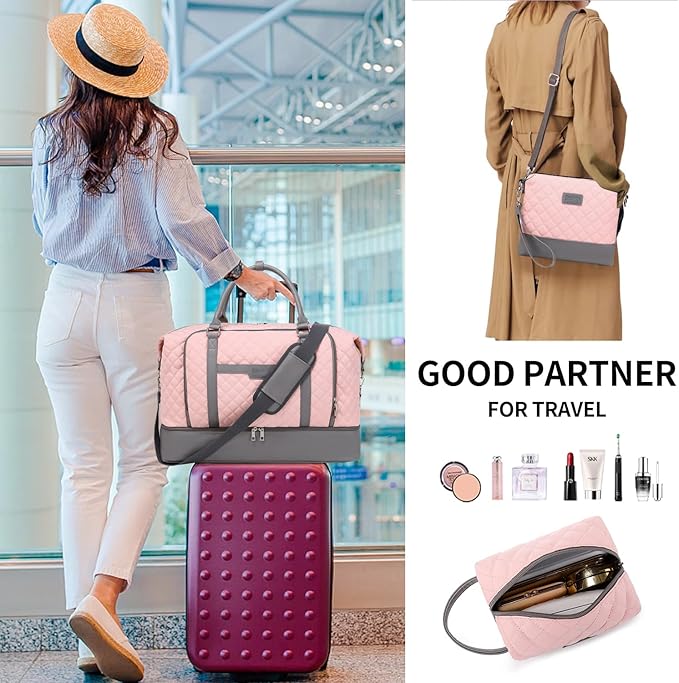 Weekender Bag, Large Travel Duffel Bag for Women, Carry on Overnight Bag with Shoe Compartment and Toiletry Bags