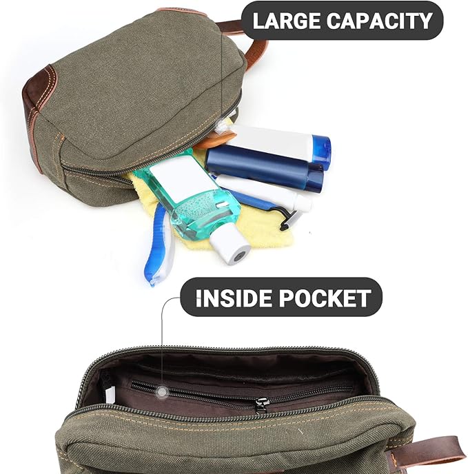 Emissary Men's Leather and Canvas Travel Toiletry Dopp Kit, Shaving Bag (Dark Green)