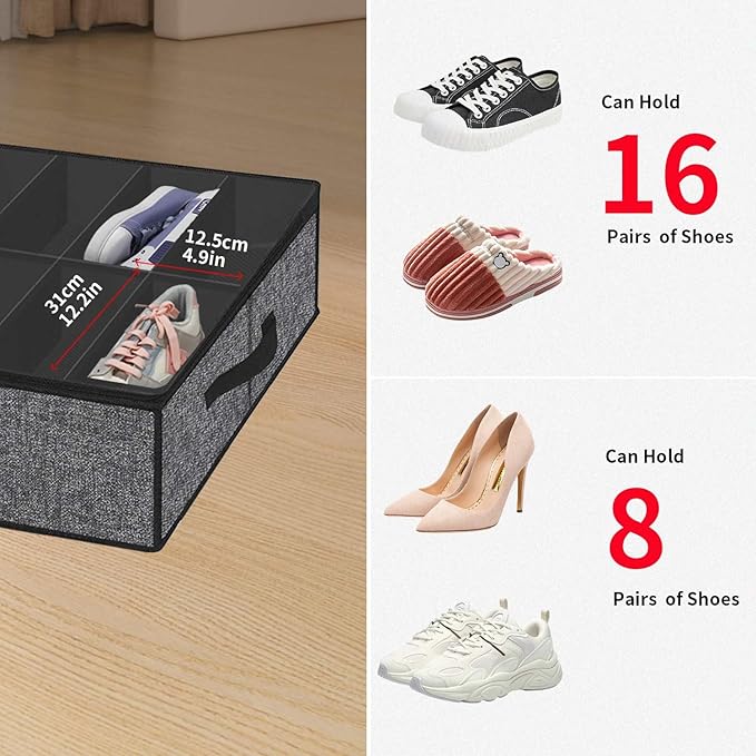 Onlyeasy Sturdy Under Bed Shoe Storage Organizer with Handles and Clear Window Fit 16 to 32 Pairs, Premium Foldable Shoes Container Box for Closet, 37.7x 23.6x 5.9 inch, Cotton-like Black, MXBUBS16P2