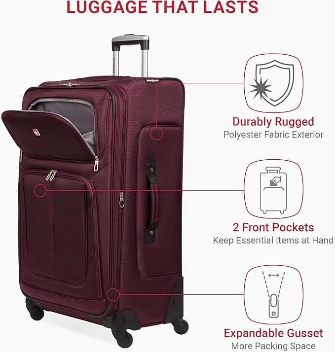 SWISSGEAR Sion Softside Expandable Spinner Luggage Durable Lightweight Travel Suitcase, Merlot, Checked-Large 29-Inch