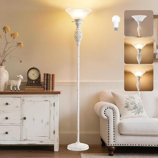 Luvkczc 70" Floor Lamp for Living Room with Nightlight, Glass Shade, White | Bulb Included, Vintage Floor Lamp with Rotary Switch, Rustic Standing Lamp for Bedroom Study Home Office Corner