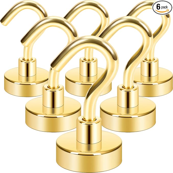 Neosmuk Magnetic Hooks, 30lb+ Heavy Duty Earth Magnets with Hook for Refrigerator, Extra Strong Cruise Hook for Hanging, Magnetic Hanger for Cabins, Grill (Golden, Pack of 6)