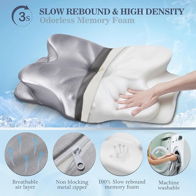 CCidea Cervical Neck Support Pillow for Sleeping & Pain Relief – Ergonomic Contour Memory Foam Pillows for Side/Back/Stomach Sleepers, 2 Heights with Removable Silk Satin Cover - Gifts for Men & Women