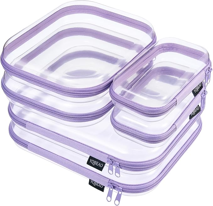 YQBRAO 6 Pack Clear Hard Shell Zipper Case, See-Through Hard Plastic Organizer Pouches with Zipper for Travel, Toiletries, Makeup, Electronics & Pencils - Crush-Resistant Storage (Purple)