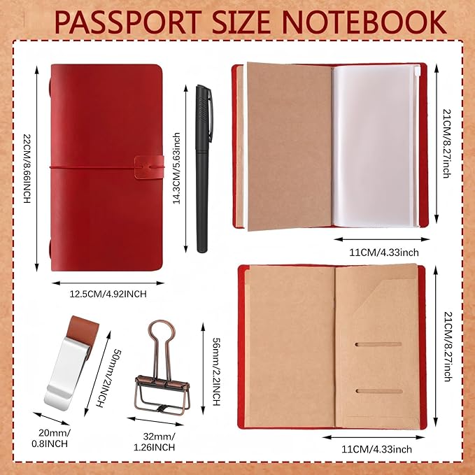 Thenshop Travelers Refillable Leather Journal Notebook Travel Diary Handmade Passport Travelers Journal for Men and Women with 3 Notebook Inserts, Pen Holder, Binder Clip(Wine Red,Stand Size)