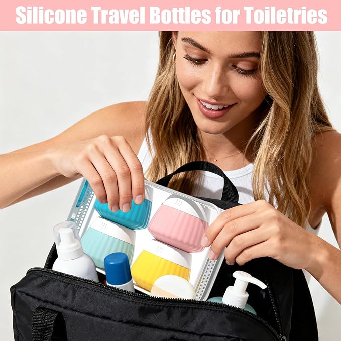4 Pack Travel Size Silicone Cream Containers, Leak Proof Refillable Toiletry Bottles for Toiletries with 4 Scoops, Labels and Clear Bag, Suitable for Travel Shampoo and Conditioner Bottles (D)