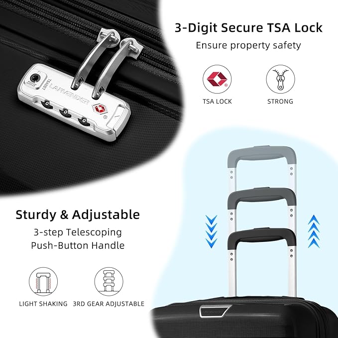 LARVENDER Carry On Luggage 22x14x9 Airline Approved, 20 Inch Hardshell & Lightweight PP Travel Carry On Suitcase for Women with Spinner Wheels TSA Lock, Black