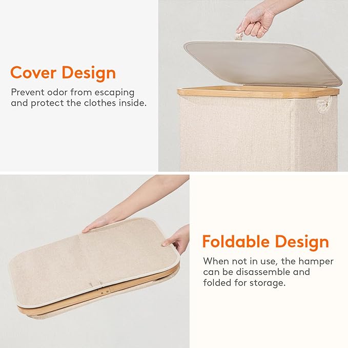 Lifewit 110L Laundry Basket with Lid, Clothes Hampers for Laundry with Bamboo Handles and 1 Removable Bag, Large Foldable Laundry Hamper for Bedroom, Bathroom, Dorm, Laundry Room, Beige