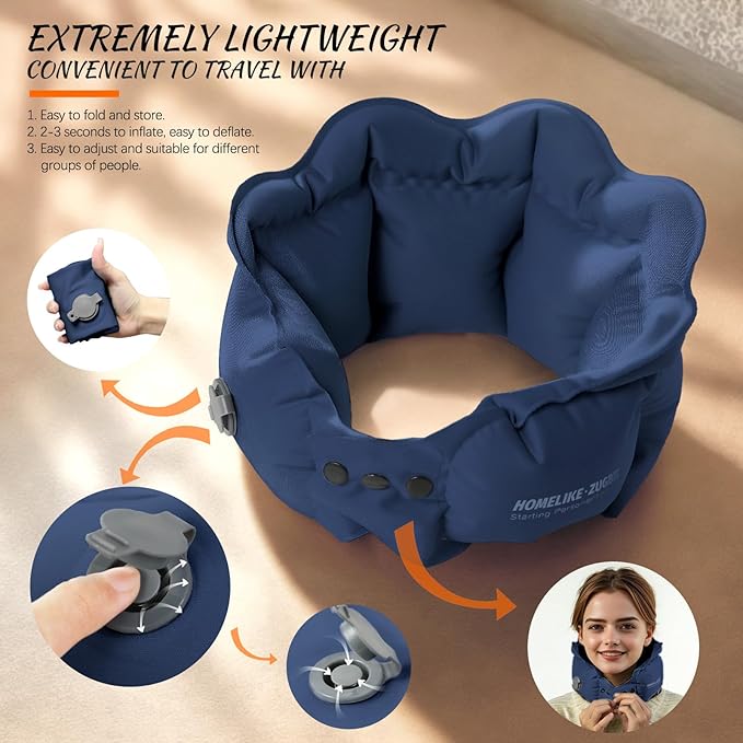 Inflatable Travel Pillow for Airplane, Inflatable Neck Pillow Airplane for Travel Office Nap Neck Support, Buy 1 Get 3 Professional Sleeping Eye Mask and Highly Silent-Navy Blue