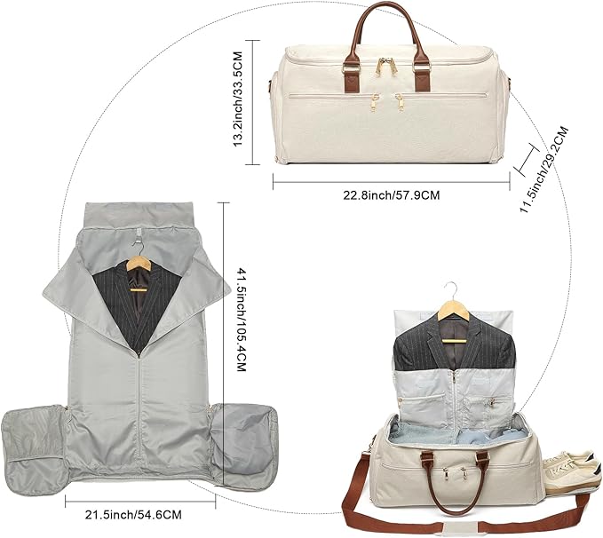seyfocnia Carry On Garment Bag for Women, Convertible Travel Garment Bag, 2 in 1 Hanging Suitcase Suit Business Travel Bag Overnight Bag, White Brown