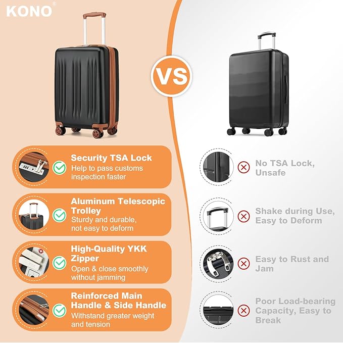 Kono Small 20 Inch Expandable Carry On Luggage with Quiet Spinner Wheels & TSA Lock, Scratch and Drop Resistant PC+ABS Hardside 22x14x9 Airline Approved Suitcase, Black & Brown