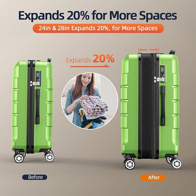 SHOWKOO Luggage Sets Expandable 100% PC Durable Suitcase Sets Double Wheels TSA Lock Green 3pcs