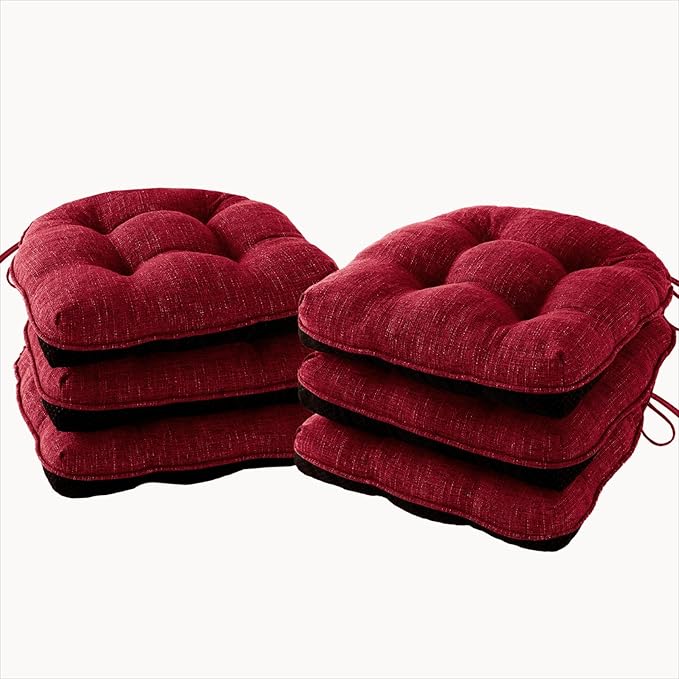 Chair Cushions for Dining Chairs Set of 6, Red Kitchen Chair Cushions, Chair Pads with Ties and Non Slip Backing, Christmas Room Decor, Tufted Memory Foam Seat Cushion 6 Pack, 15.5"x15.5"x4"