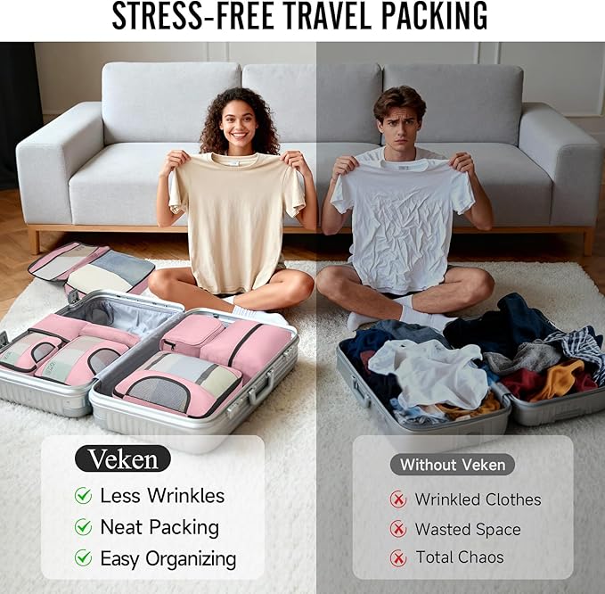 Veken 8 Set Packing Cubes for Travel Essentials, Suitcase Organizer Bags in 4 Sizes, Carry-On Luggage Accessories with Large Laundry & Hanging Toiletry Bag, Must-Have for Airplane, Road Trip & Camping