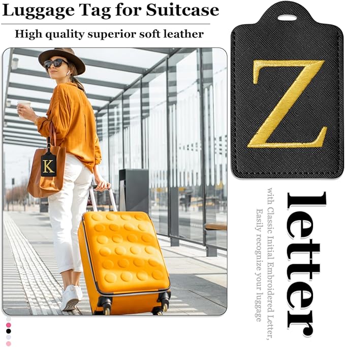 Personalized Initial Luggage Tags for Suitcases,Leather Letter Cute Luggage Tags with Privacy Name Card,Embroidered Monogrammed Travel Bag Backpack Tag Gifts for Women Kids Girls Teens(Black-Z)