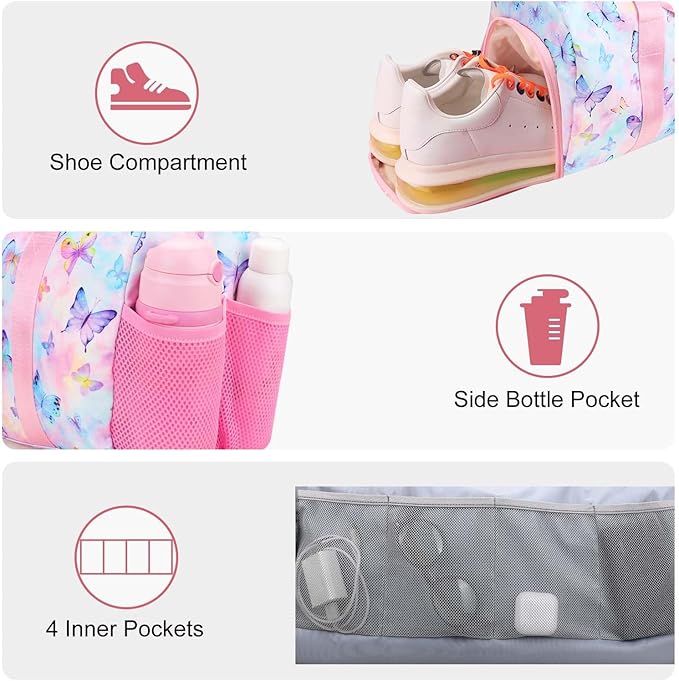 Gym Travel Duffle Bag for Girls - Gymnastics Sports Dance Bag with Shoe Compartment & Wet Pocket Panda Kids Travel Bag Teens Weekender Sleepover Carry On Bag
