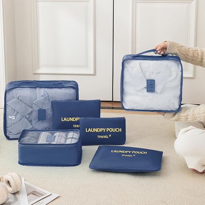 6 Set Packing Cubes for Travel Luggage Packing Bags Reusable Waterproof Suitcase Organizer Bags Set with Shoe Bag and Toiletry Bag (Navy Blue)