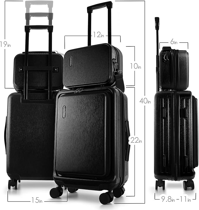 22 Inch Carry On Luggage, Carry On Suitcase with Wheels, Hardside Luggage Carry-On, Expandable Black Small Suitcase, Hard Shell Carry-on Luggage, Spinner Luggage with Cosmetic Bag