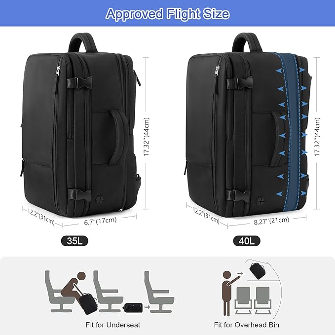 Large Travel Backpack for Women Men, Expandable 40L Carry On Backpack, 17 Inch Laptop Backpack College Bookbag, Waterproof Travel bag as Person Item Flight Approved