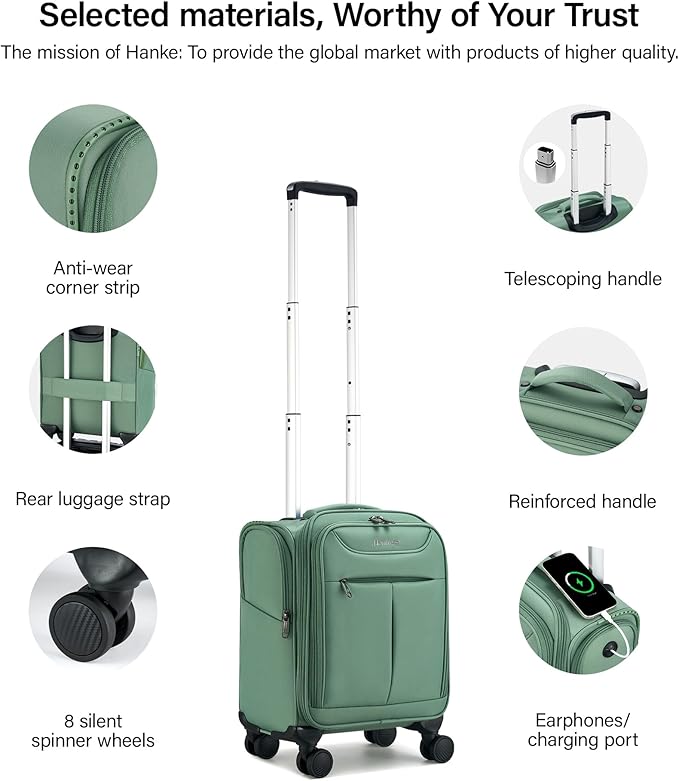 Hanke Underseat Carry On Luggage with Wheels, Lightweight Small Suitcase Airline Approved 16 Inch Softside Personal Item Travel Bag for Women Men, Compact Under Seat Luggage.(Forest Green)