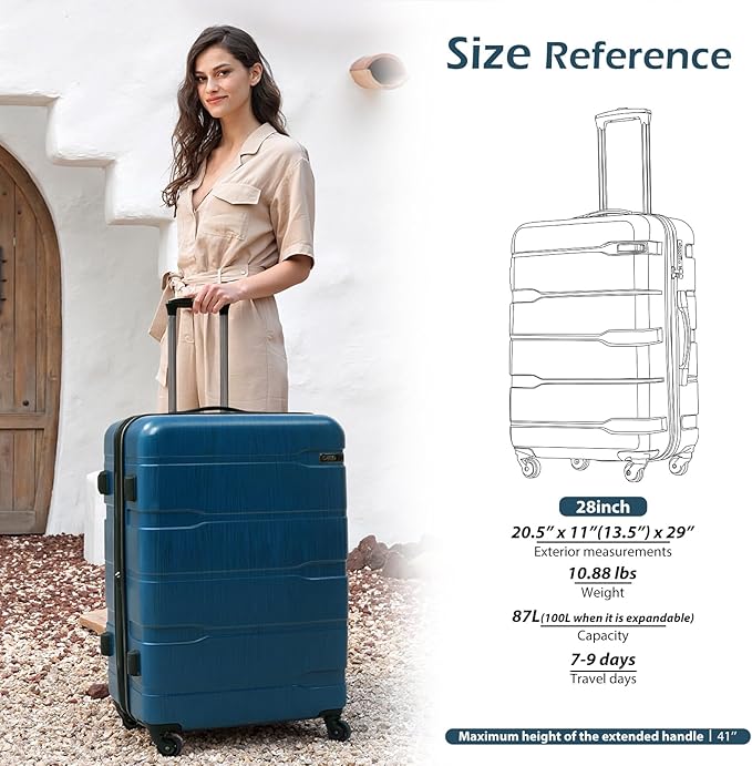 Coolife Expandable Large Checked Luggage Hardside PC+ABS Suitcase with TSA Lock, Lightweight Rolling Carry On with Spinner Wheels(Caribbean Blue, 28in)