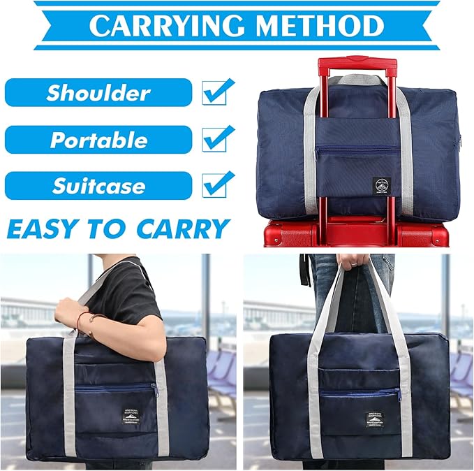 Foldable Travel Duffel Bag Tote Carry on Luggage Bag Spirit Airlines Personal item Sports Gym Bag Water Resistant Weekender Overnight Bags for Women and Men (Blue)