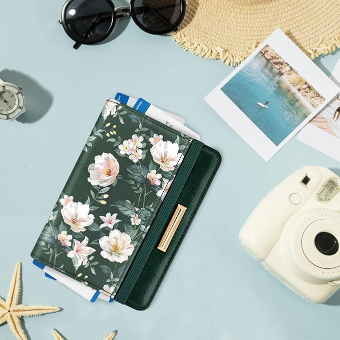 Passport Holder Cover, RFID Travel Wallet Credit Card Holder Cute Green Floral Passport Book Holders for Women with Elastic Band and Golden Metal Decoration, Alpine Green