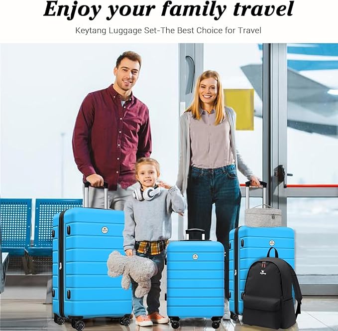 Classic Luggage Sets 5 Piece, Carry-On Luggage with Spinner Wheels, Lightweight Hardside Suitcase Set with TSA Lock, Bonus Travel Backpack & Makeup Bag, 20/24/28 inch, Blue
