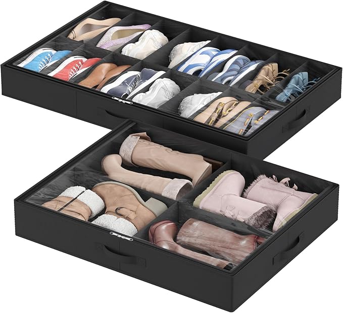 Lifewit Under Bed Shoe Storage Organizer 2 Pack(16 Pairs+4 Pairs), 4.3" Tall Fabric Shoes Container Box, Foldable Closet Shoe Bag with 2 Reinforced Handles and Clear Cover, Black