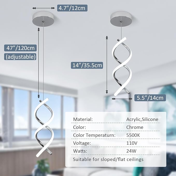 CANEOE Spiral Led Pendant Light Fixture,15W Cold White Light Modern Integrated LED Hanging Lamp, Adjustable Island Light Fixture for Living Room Bedroom Kitchen Sink, 1 Pack (Chrome)