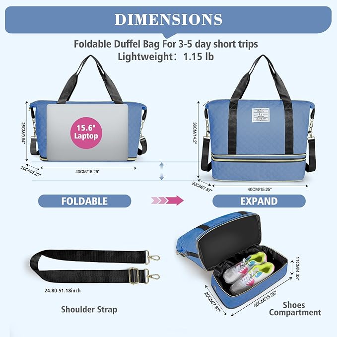 Geestock Travel Duffel Bag, Weekender Bags for Women, Carry on Overnight Bag with Shoe Compartment & Trolley Sleeve, Personal Item Travel Bags with Storage Pouch for Travel, Yoga, Gym, Hospital, Blue