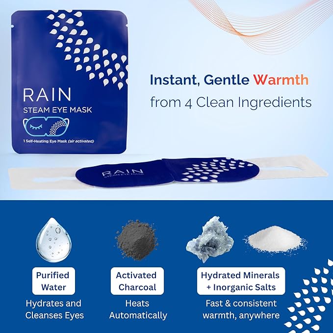 Rain Self Heating Steam Eye Mask for Dry Eyes - Warming Eye Compress with Moist Heat Therapy - Disposable Hot Compress Relief for Stye Treatment, Eye Fatigue & Dry Eye Relief (20 Masks)