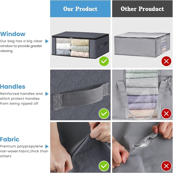 HomeHacks 6-Pack Clothes Organizer Storage Bags Foldable Storage Box with Large Clear Window Sturdy Handles for Closet, Dorm, Pillows, Bedding, Clothes, Stuffed Toys, Blankets, 35L, Grey | Foldable Storage Box Container with Zippers, Clear Window, Rein...