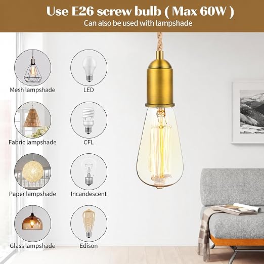 Plug in Pendant Light Cord 15FT Hemp Rope, Hanging Lamp Kit | Twisted rope cord, ceramic E26 socket, gold aluminum shell, inline switch, rustic hanging lantern style