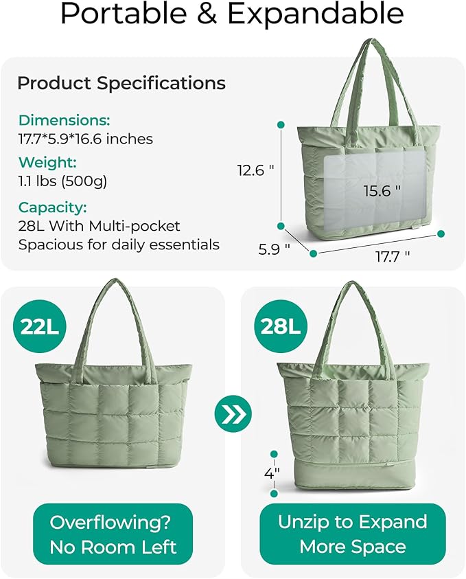 BAGSMART Expandable Tote Bag for Women, Puffer Work Tote Handbag, Quilted Carry On Bag for Travel Gym