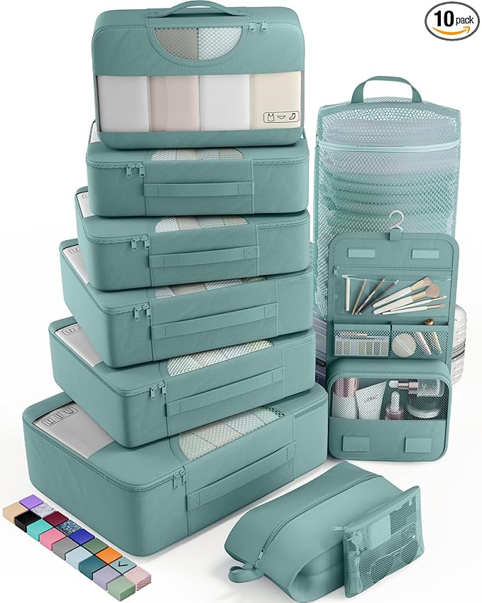 Veken 10 Set Packing Cubes for Travel Essential, Suitcase Organizer Bags in 4 Sizes, Carry-On Luggage Accessories with Large Laundry & Hanging Toiletry Bag, Must-Have for Airplane, Road Trip & Camping