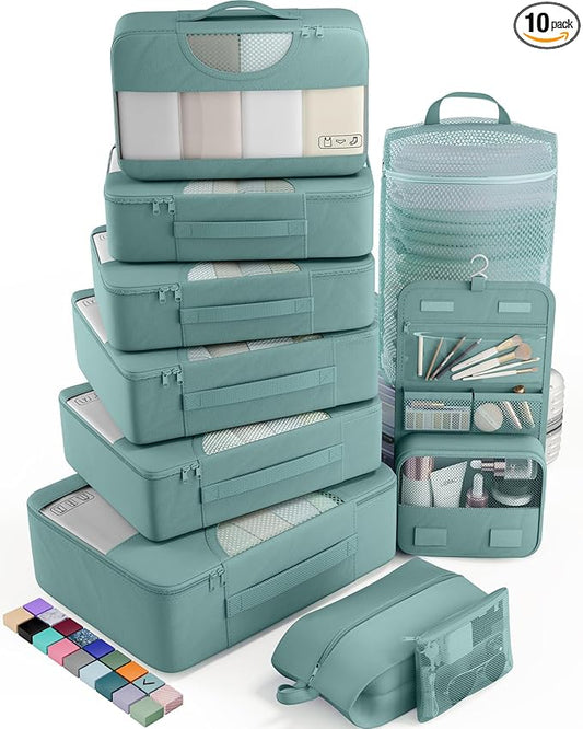 Veken 10 Set Packing Cubes for Travel Essential, Suitcase Organizer Bags in 4 Sizes, Carry-On Luggage Accessories with Large Laundry & Hanging Toiletry Bag, Must-Have for Airplane, Road Trip & Camping