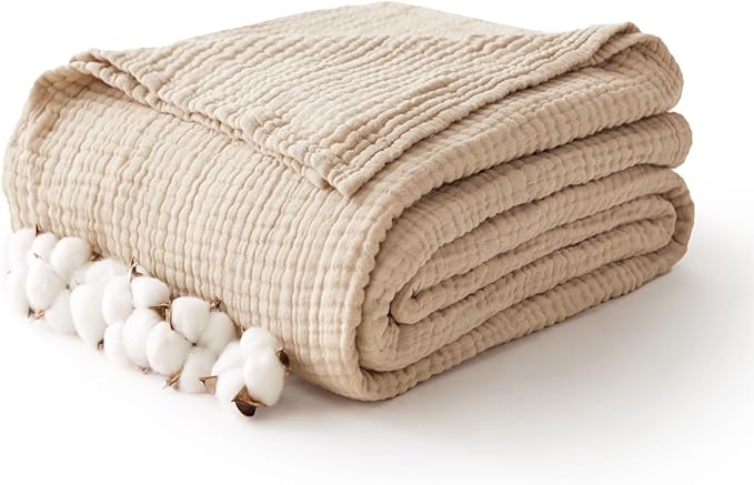 100% Cotton Muslin Blanket 40" x 40", Breathable and Lightweight Cotton Throw Blankets, Soft Cooling Summer Gauze Blanket for All Season, Beige