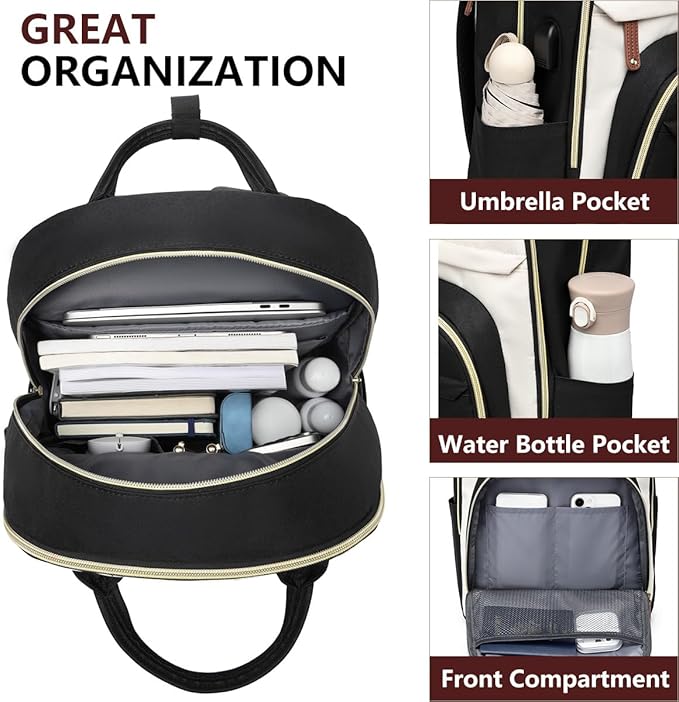 Laptop Backpack for Women Bag - 15.6 inch Work Bags with USB Charger College Bookbag Business Computer Backpack Purse Beige Black Brown