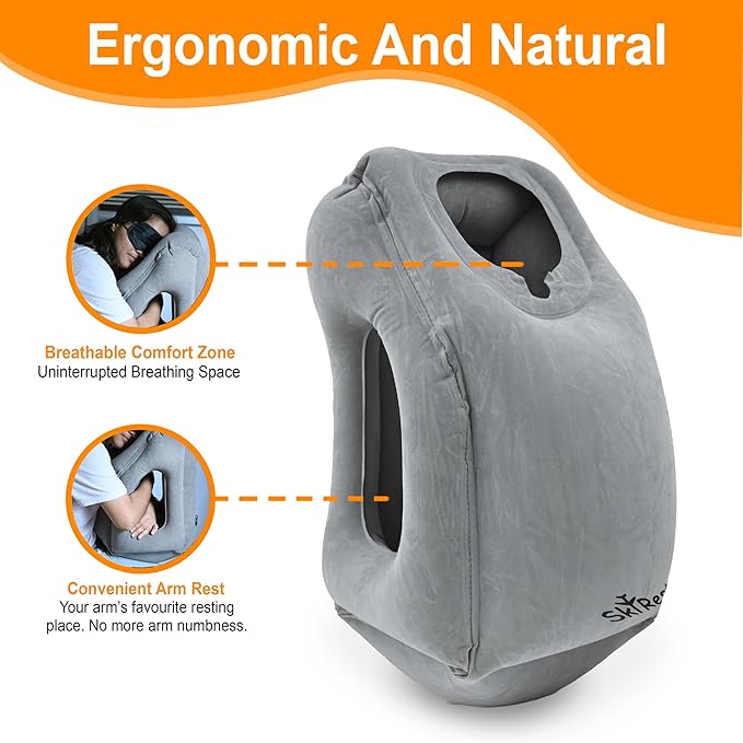 Skyrest®️ Inflatable Travel Pillow for Cars, Air Pillow for Sleeping to Avoid Neck and Shoulder Pain, Comfortably Support Head, Neck and Lumbar, Pillows for Airplanes Buses Cars Office (Grey)
