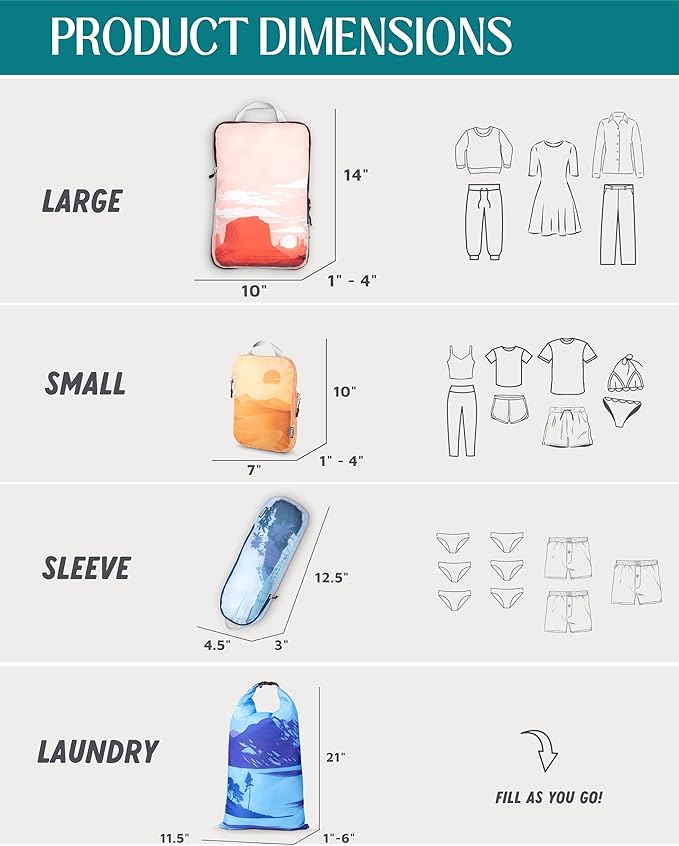 Compression Packing Cubes 6 Piece Set for Carryon Suitcases- Lightweight, Durable Clothes Organizer (Getaways)