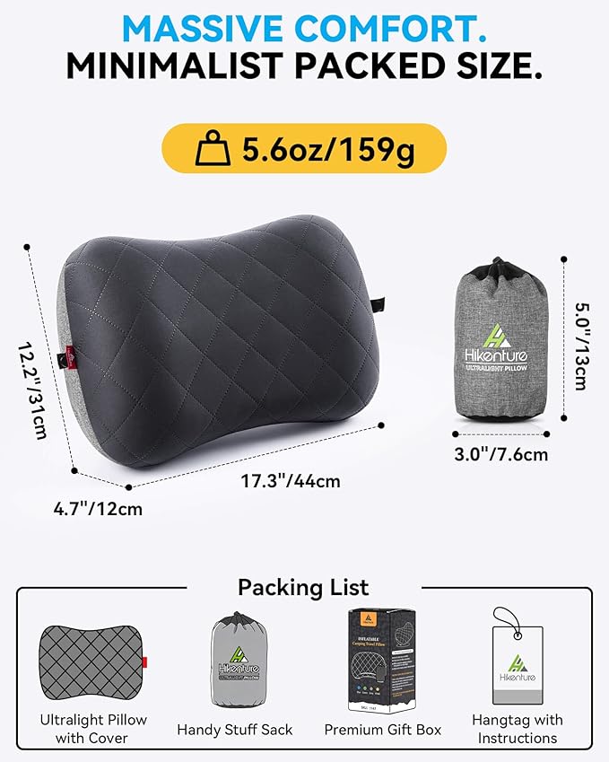 Hikenture Camping Pillow with Removable Cover - Ultralight Inflatable Pillow for Neck Lumbar Support - Upgrade Backpacking Pillow - Washable Travel Air Pillows for Camping, Hiking, Backpacking