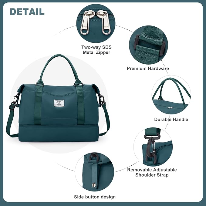 Duffel Bag, Women's Weekender Bag with Shoe Compartment, Peacock Blue Travel Bag, Carry on Overnight Tote for Airline Personal Item, 30L