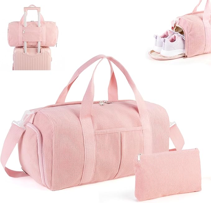 2PCS Cute Gym Bag for Girls, Corduroy Duffle Bag with Wet Pocket & Shoe Compartment and item bag, Duffle Bag for Travel, Sports, Fitness & Workout
