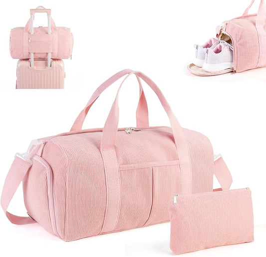 2PCS Cute Gym Bag for Girls, Corduroy Duffle Bag with Wet Pocket & Shoe Compartment and item bag, Duffle Bag for Travel, Sports, Fitness & Workout