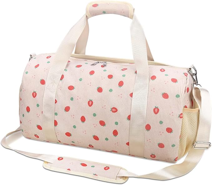 Gym Travel Duffle Bag for Girls - Gymnastics Sports Dance Bag with Shoe Compartment & Wet Pocket Strawberries Kids Travel Bag Teens Weekender Sleepover Carry On Bag
