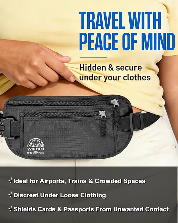 Hidden Money Belt for Travel, RFID Blocking, Sweat-Proof, Heavy-Duty Buckle, 3rd Gen Waist Wallet Anti Theft to Protect Cash, Credit Cards and Documents Under-Clothes for Men & Women, Black